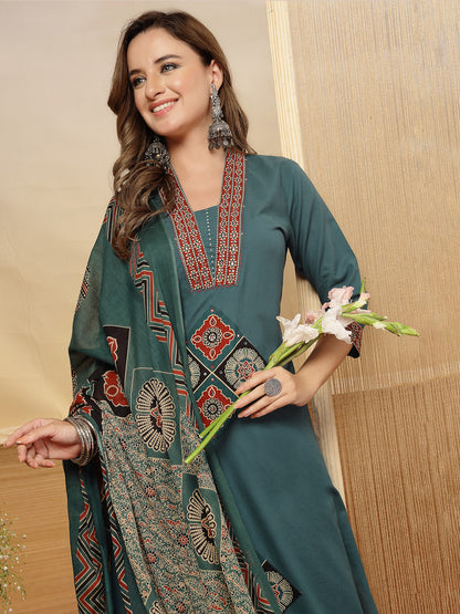 Solid Cotton A-Line Kurta Pant Dupatta Set