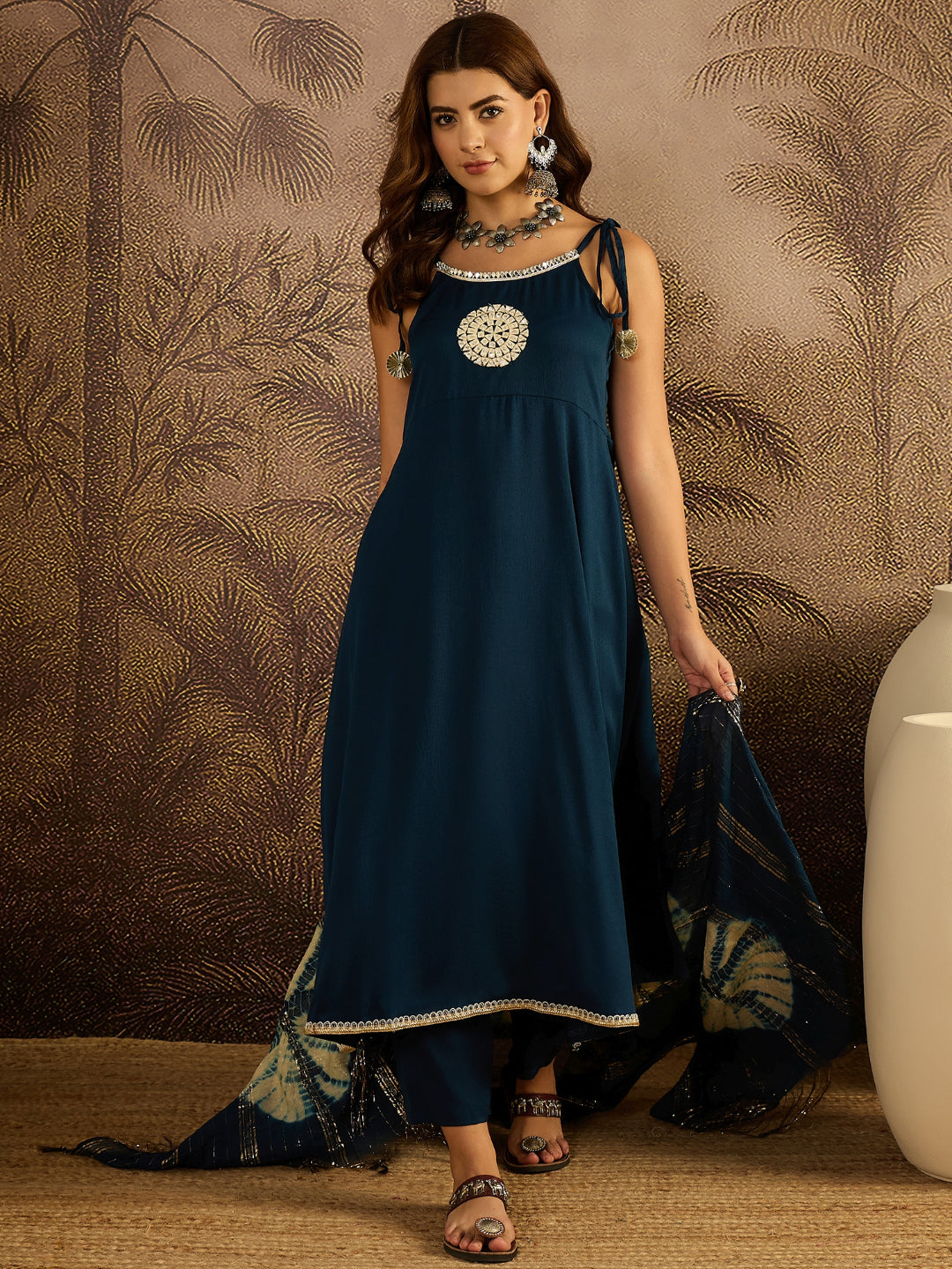 Solid &amp; Embroidered Crepe A-Line Kurta Pant Dupatta Set