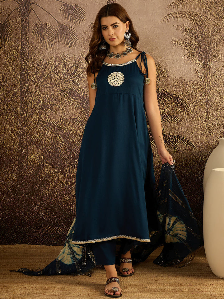 Solid &amp; Embroidered Crepe A-Line Kurta Pant Dupatta Set