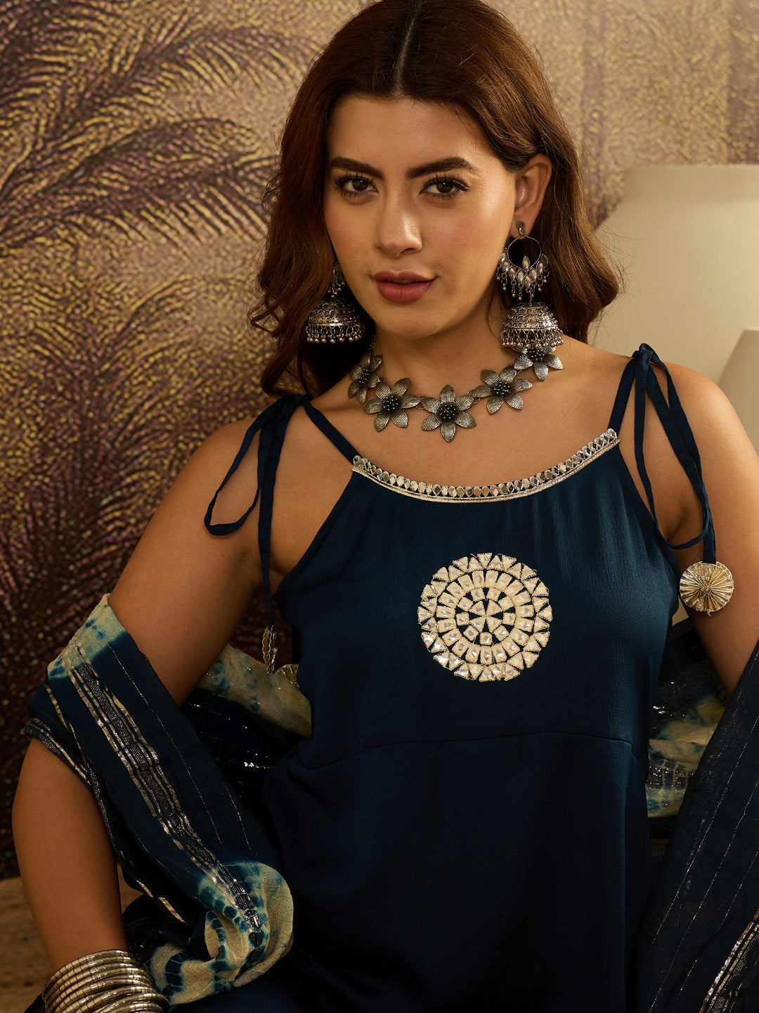 Solid &amp; Embroidered Crepe A-Line Kurta Pant Dupatta Set