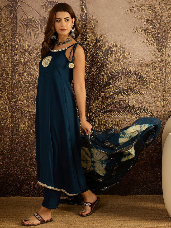 Solid &amp; Embroidered Crepe A-Line Kurta Pant Dupatta Set