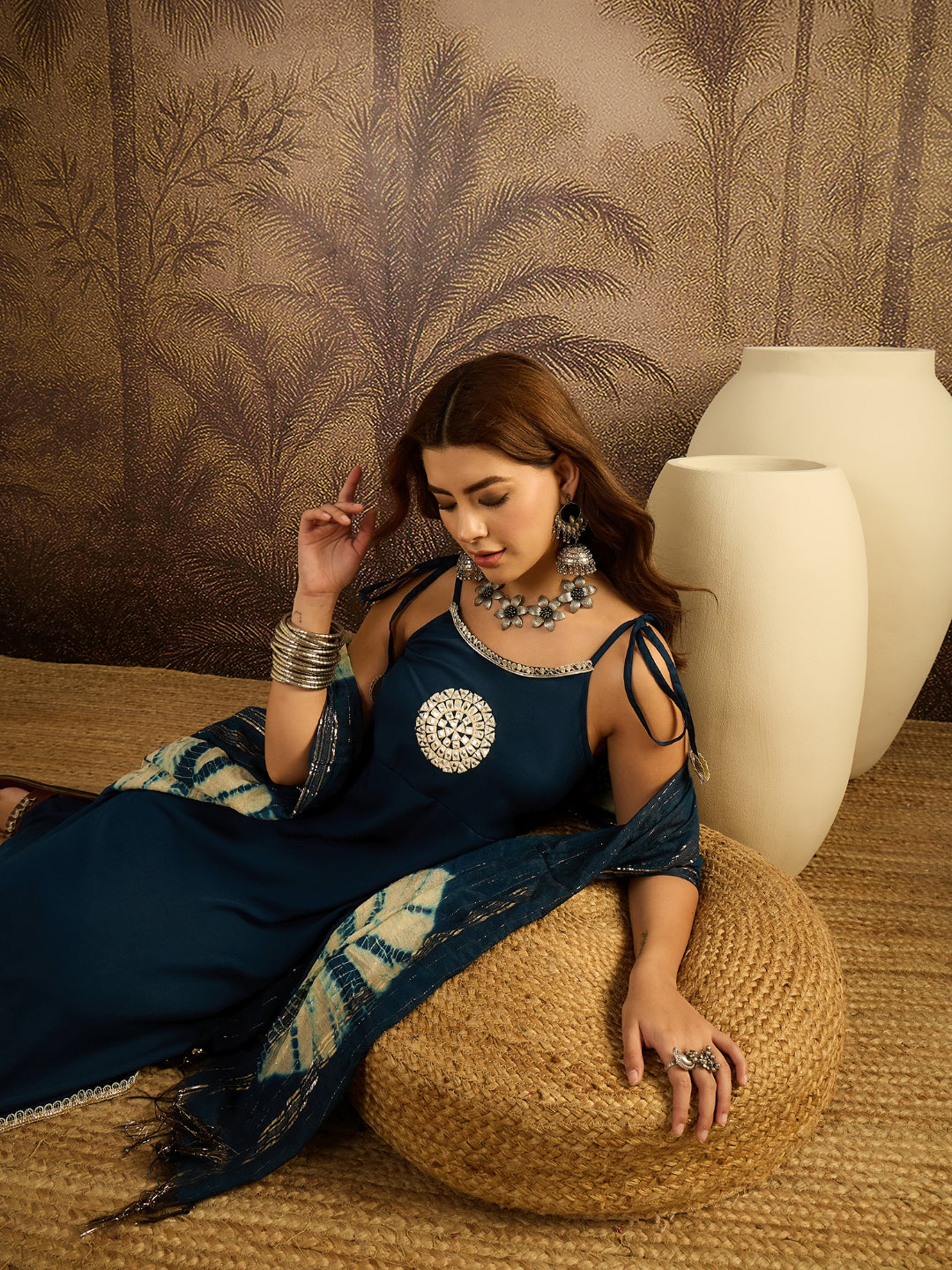 Solid &amp; Embroidered Crepe A-Line Kurta Pant Dupatta Set