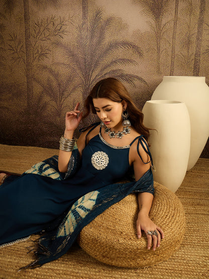 Solid & Embroidered Crepe A-Line Kurta Pant Dupatta Set