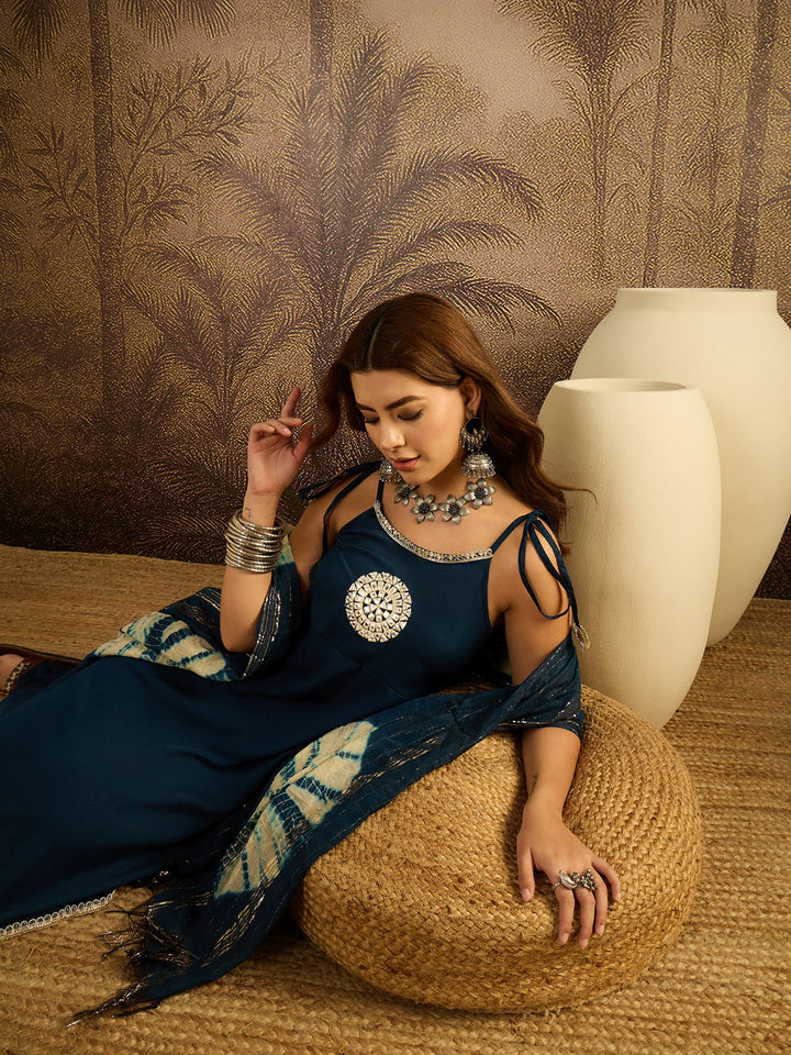 Solid &amp; Embroidered Crepe A-Line Kurta Pant Dupatta Set