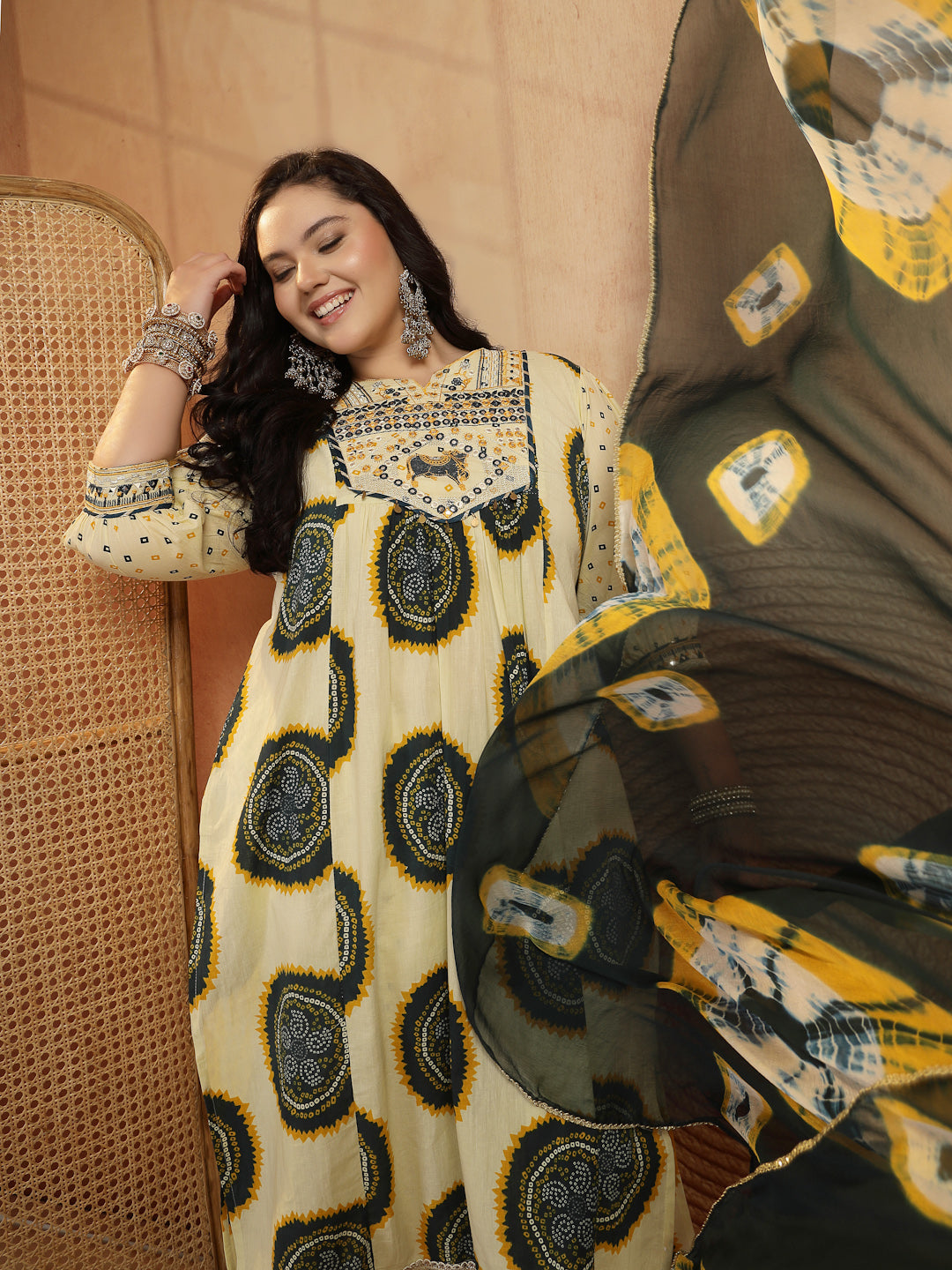 Plus Size Teal Bandhej Printed & Embroidered Cotton A-Line Kurta Pant Pant Dupatta Set