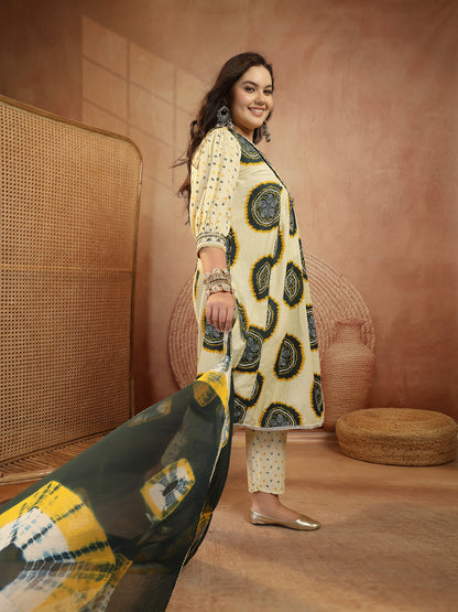 Plus Size Teal Bandhej Printed & Embroidered Cotton A-Line Kurta Pant Pant Dupatta Set