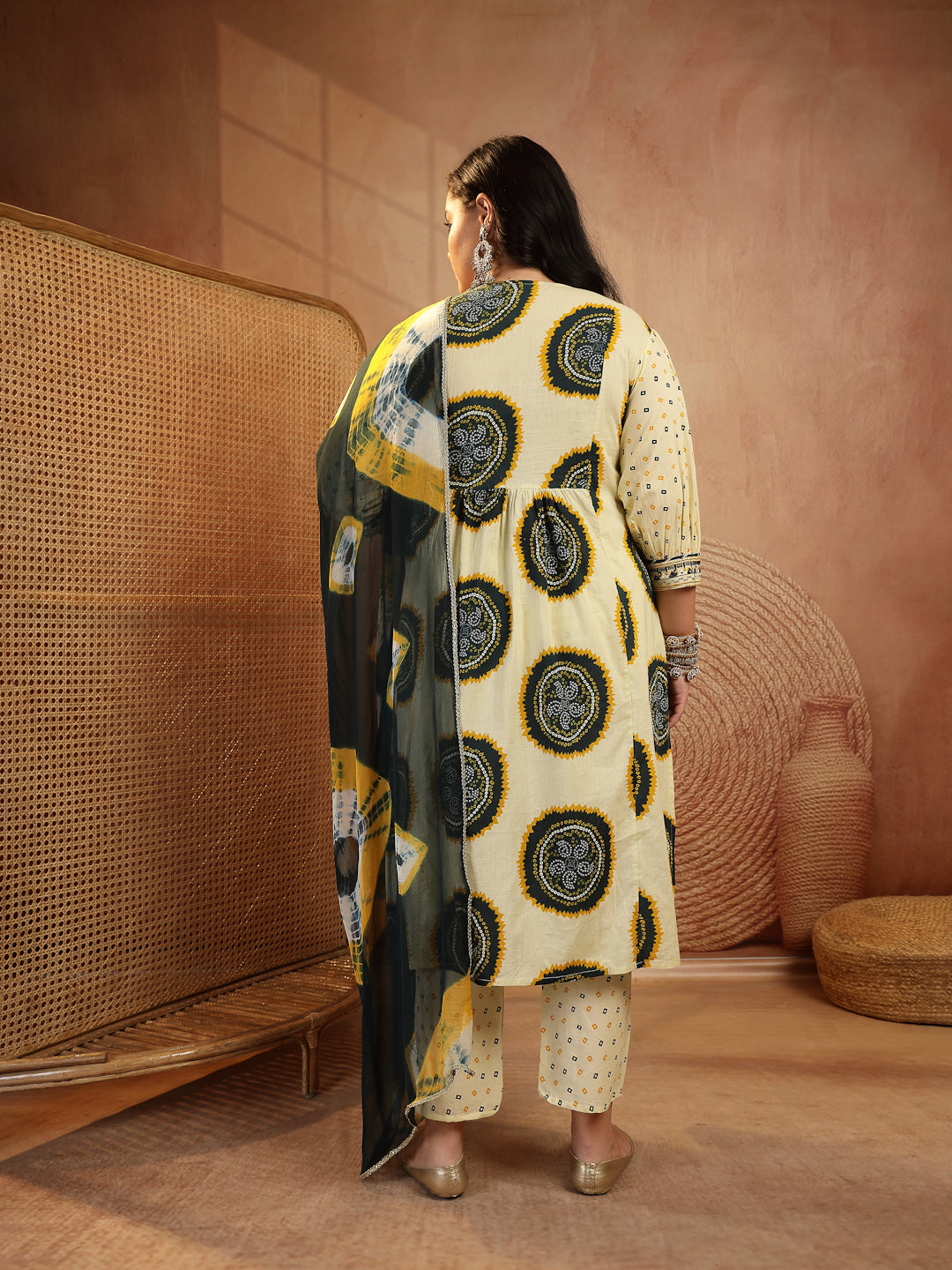 Plus Size Teal Bandhej Printed & Embroidered Cotton A-Line Kurta Pant Pant Dupatta Set