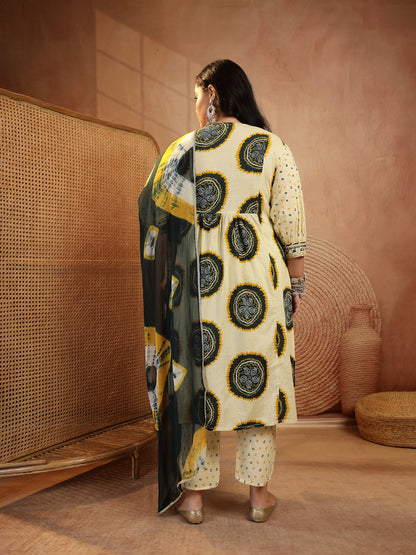 Plus Size Teal Bandhej Printed & Embroidered Cotton A-Line Kurta Pant Pant Dupatta Set