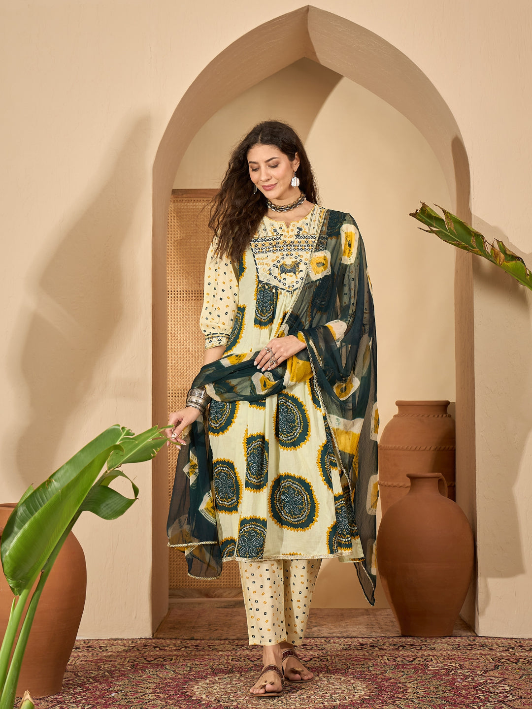 Bandhej Printed Cotton A-Line Kurta Pant Dupatta Set