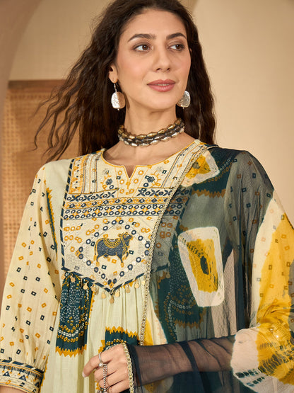 Bandhej Printed Cotton A-Line Kurta Pant Dupatta Set