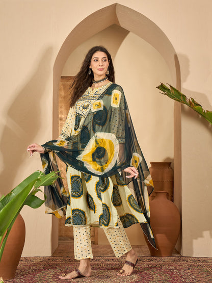 Bandhej Printed Cotton A-Line Kurta Pant Dupatta Set