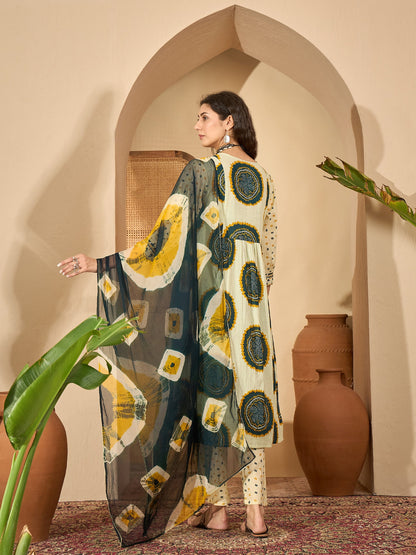 Bandhej Printed Cotton A-Line Kurta Pant Dupatta Set