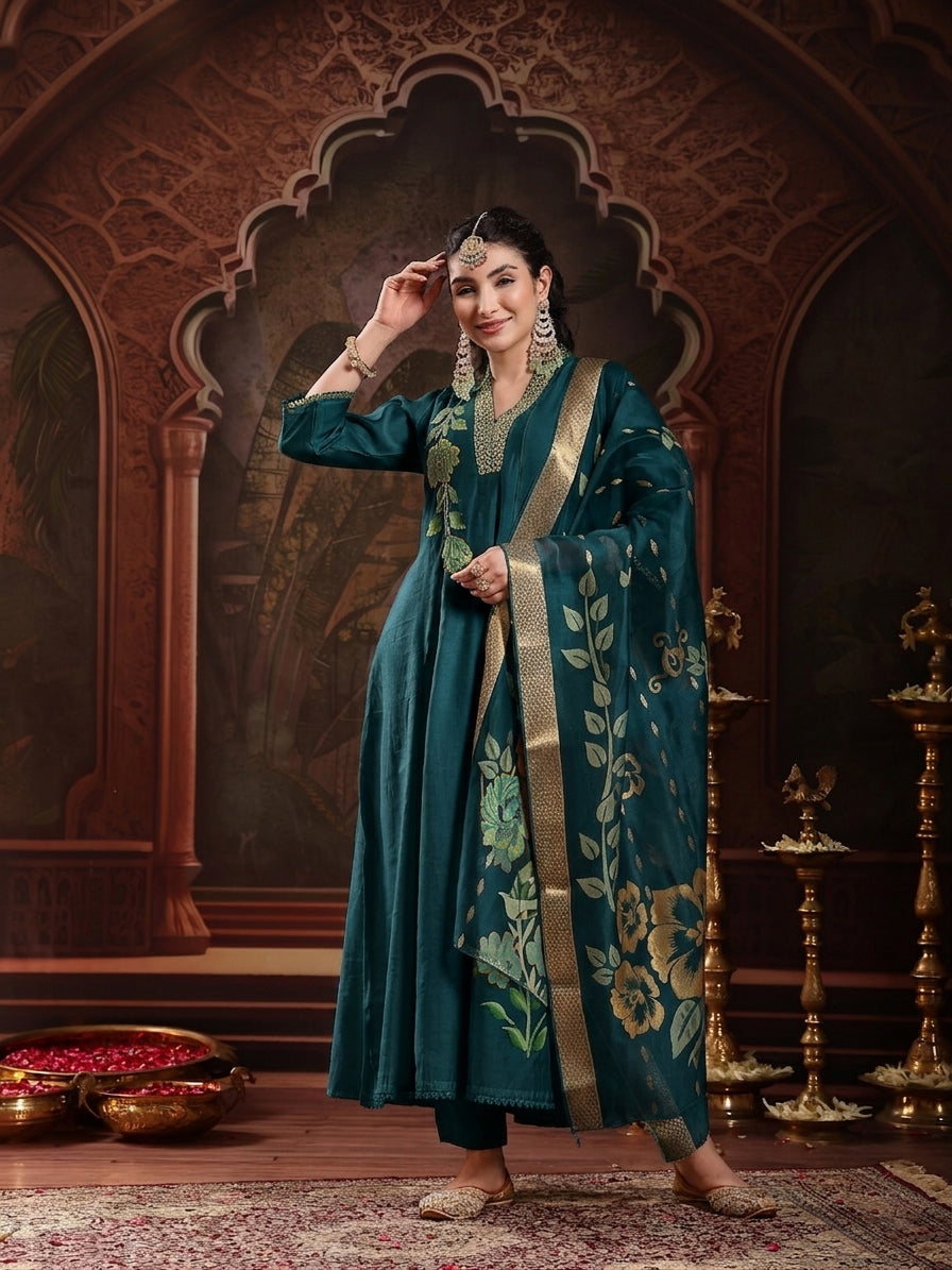 Solid & Embroidered Roman Silk A-Line Kurta Pant With Dupatta Dupatta