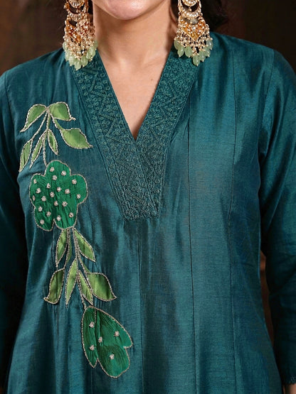 Solid & Embroidered Roman Silk A-Line Kurta Pant With Dupatta Dupatta