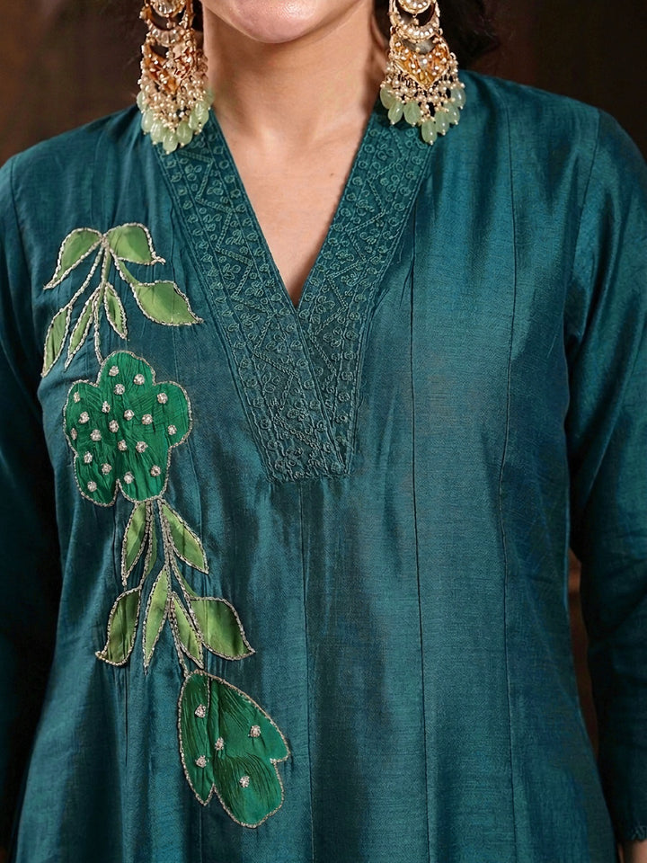 Solid &amp; Embroidered Roman Silk A-Line Kurta Pant With Dupatta Dupatta