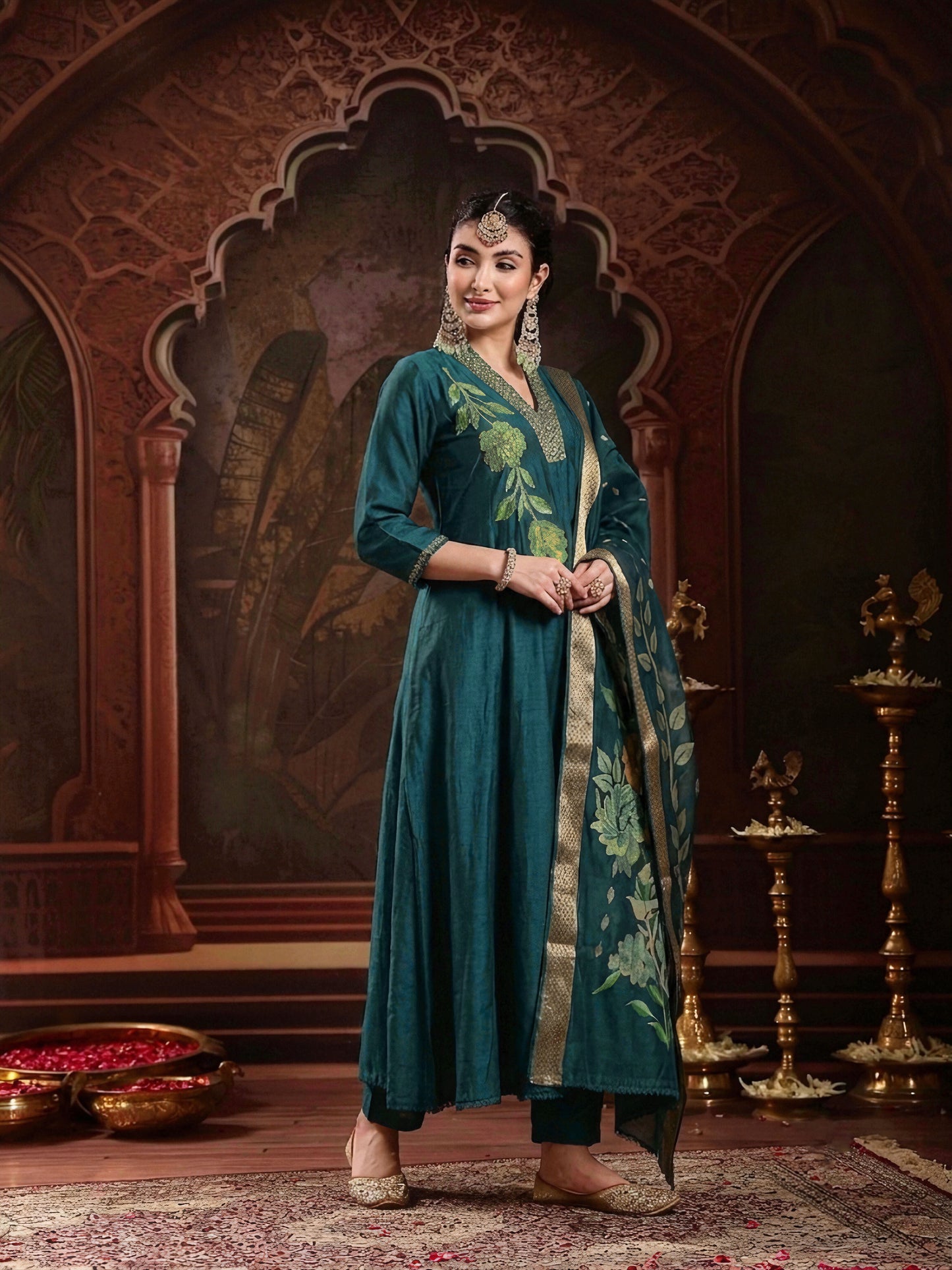 Solid & Embroidered Roman Silk A-Line Kurta Pant With Dupatta Dupatta