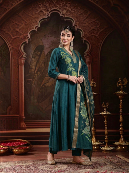 Solid & Embroidered Roman Silk A-Line Kurta Pant With Dupatta Dupatta