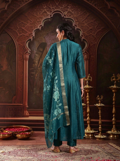 Solid & Embroidered Roman Silk A-Line Kurta Pant With Dupatta Dupatta