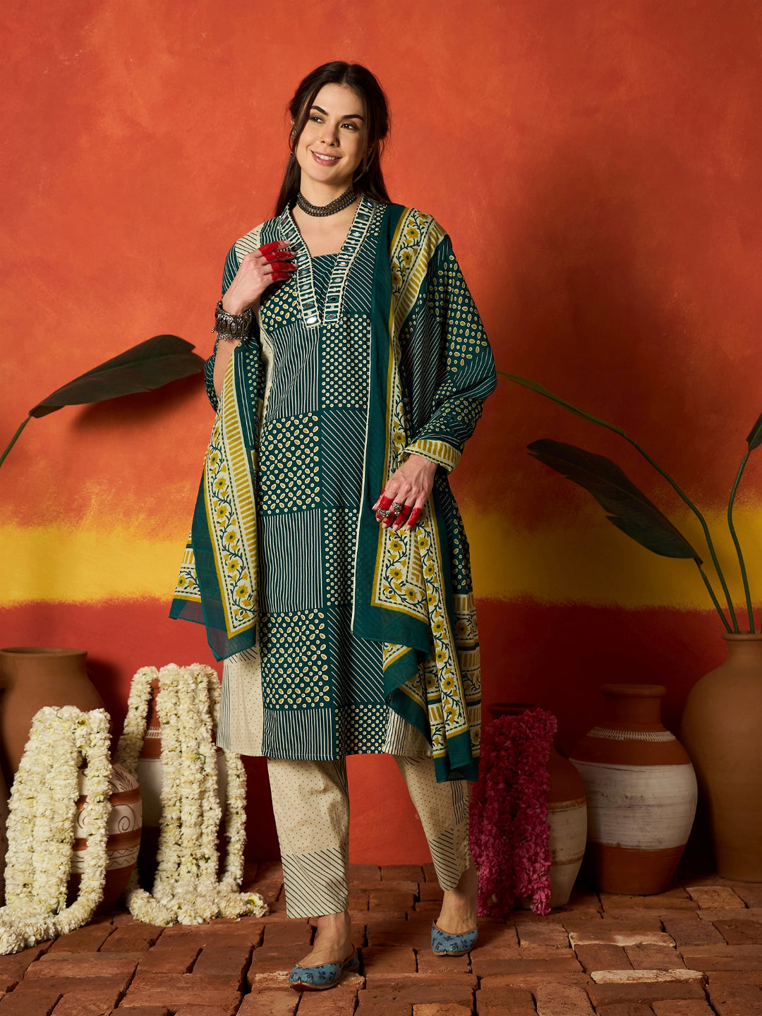 Printed Cotton Straight Kurta Pant Dupatta Set