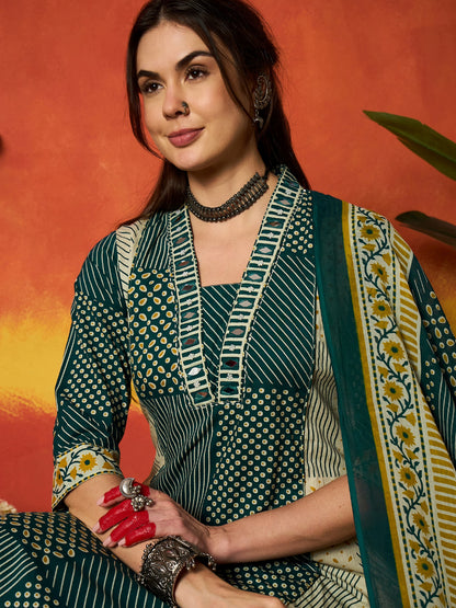 Printed Cotton Straight Kurta Pant Dupatta Set