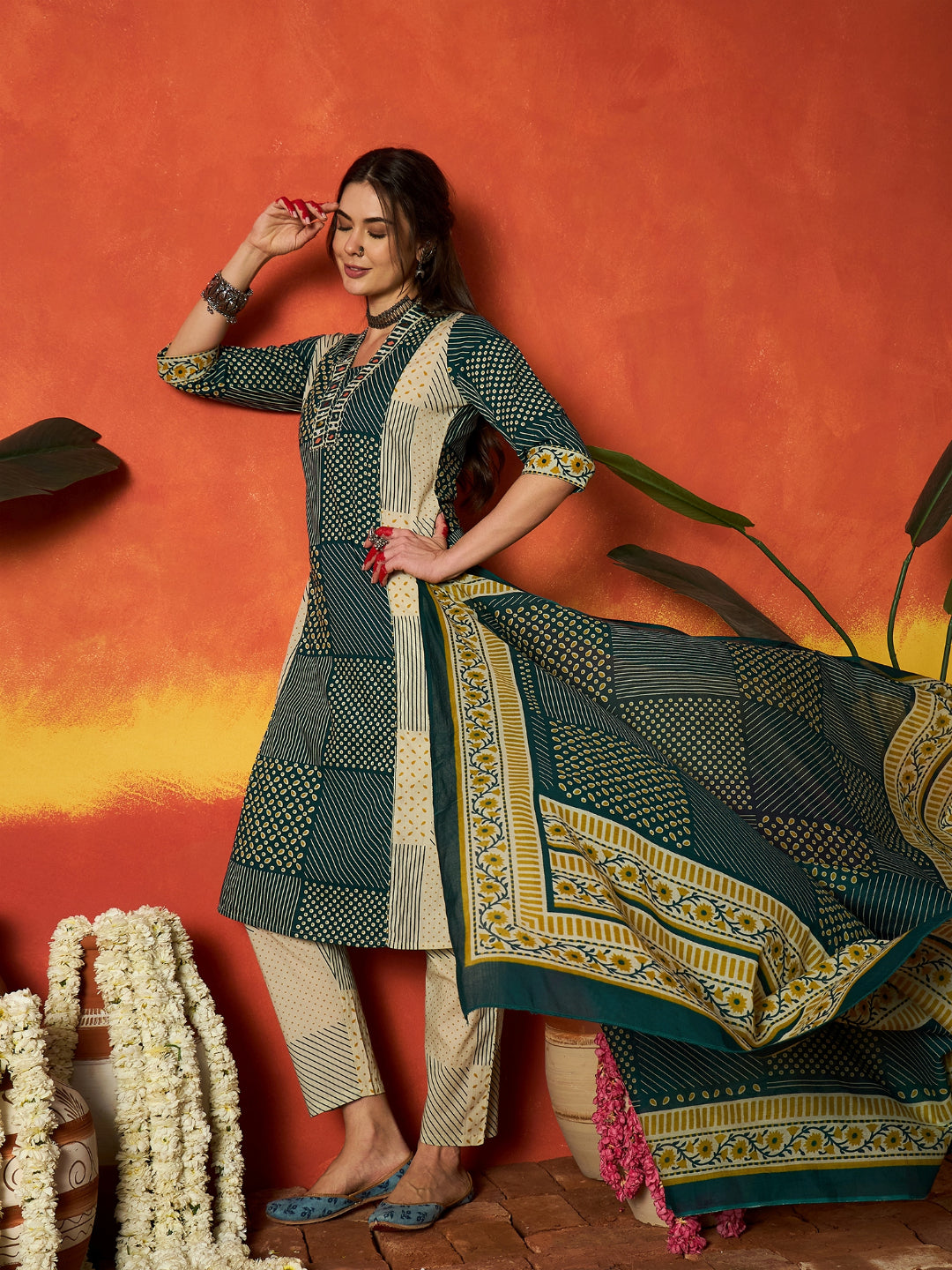Printed Cotton Straight Kurta Pant Dupatta Set