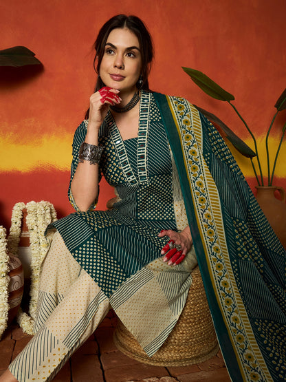 Printed Cotton Straight Kurta Pant Dupatta Set
