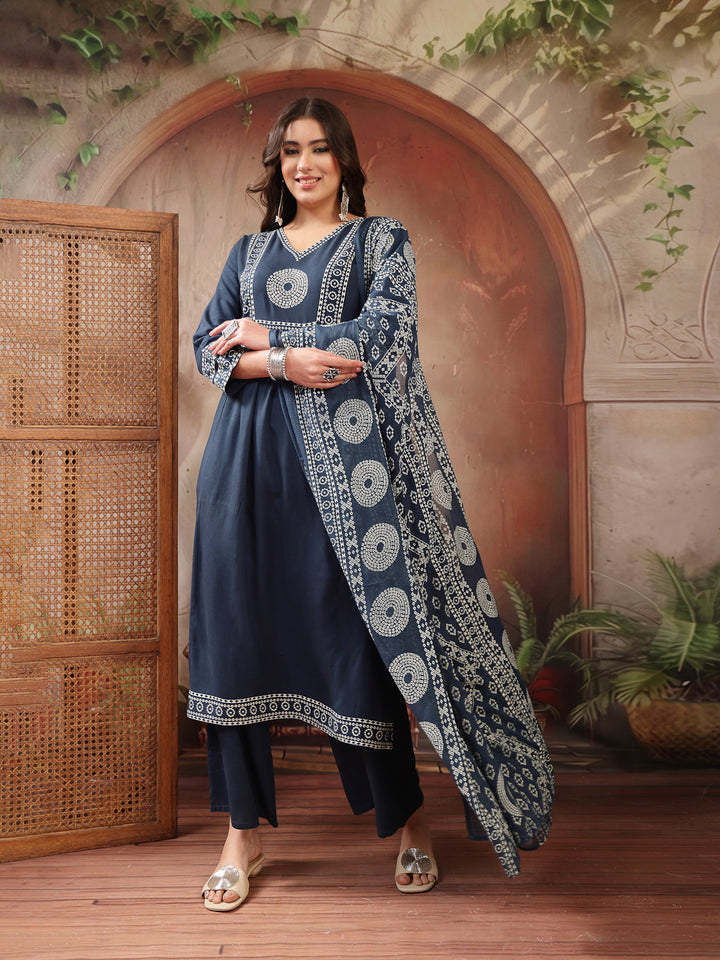 Solid Cotton A-Line Kurta Palazzo Dupatta Set