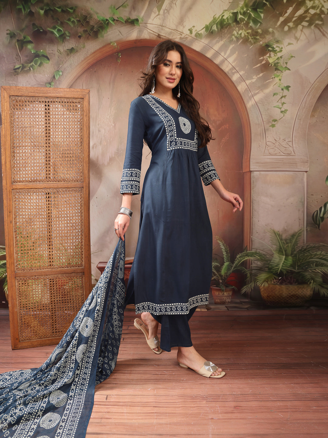 Solid Cotton A-Line Kurta Palazzo Dupatta Set