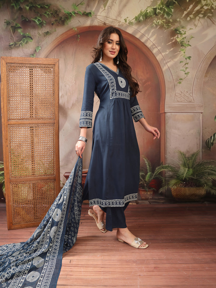 Solid Cotton A-Line Kurta Palazzo Dupatta Set