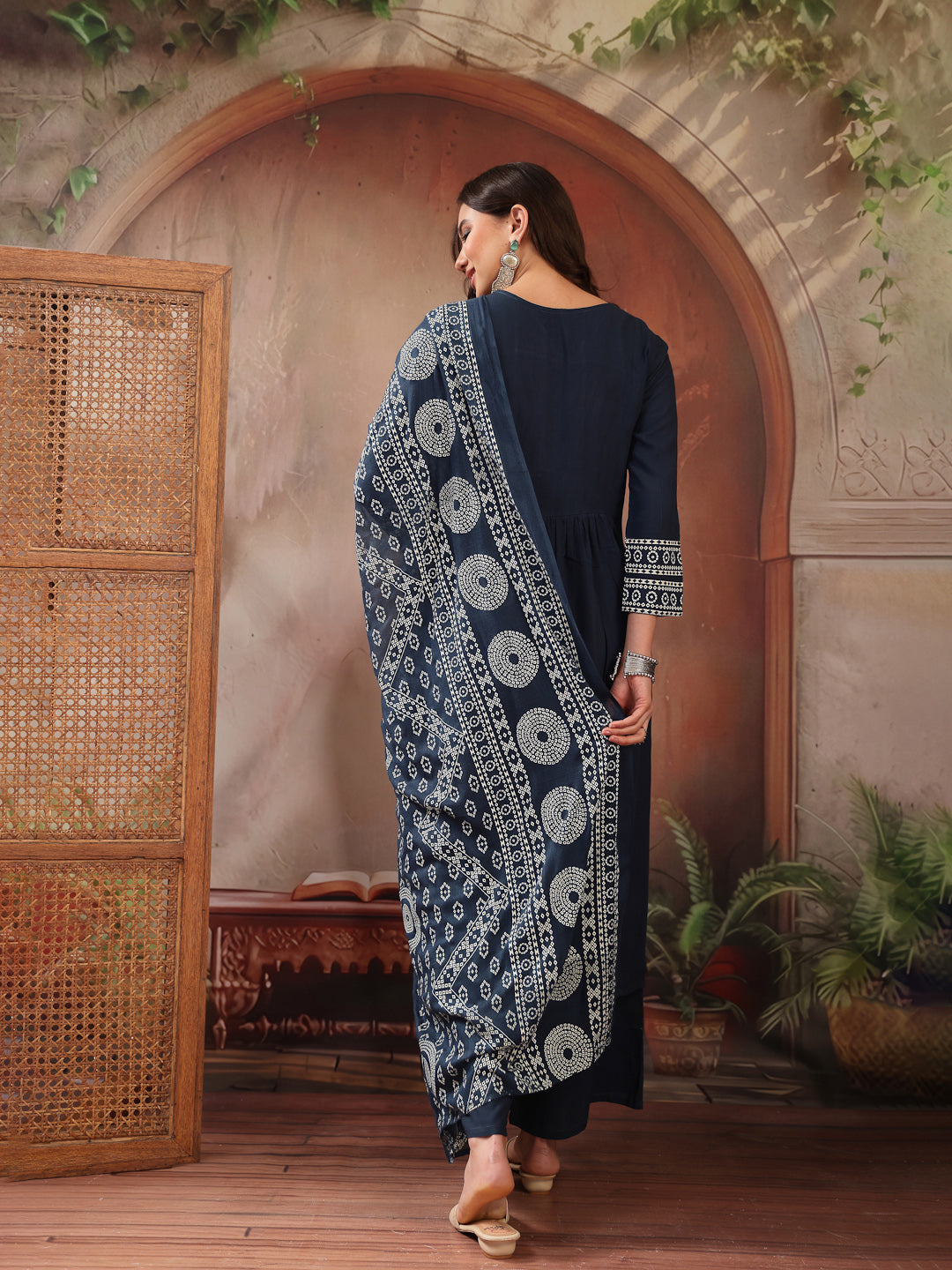 Solid Cotton A-Line Kurta Palazzo Dupatta Set