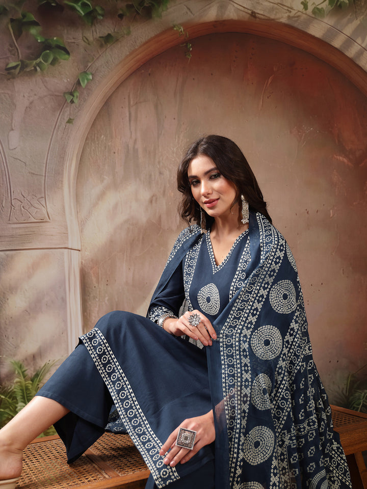 Solid Cotton A-Line Kurta Palazzo Dupatta Set