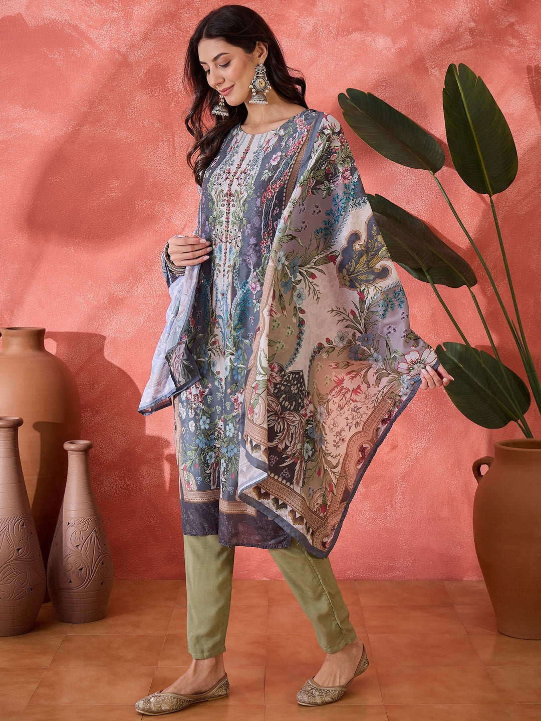 Teal Mirror Work Muslin Straight Pakistani Kurta Pant Dupatta Set