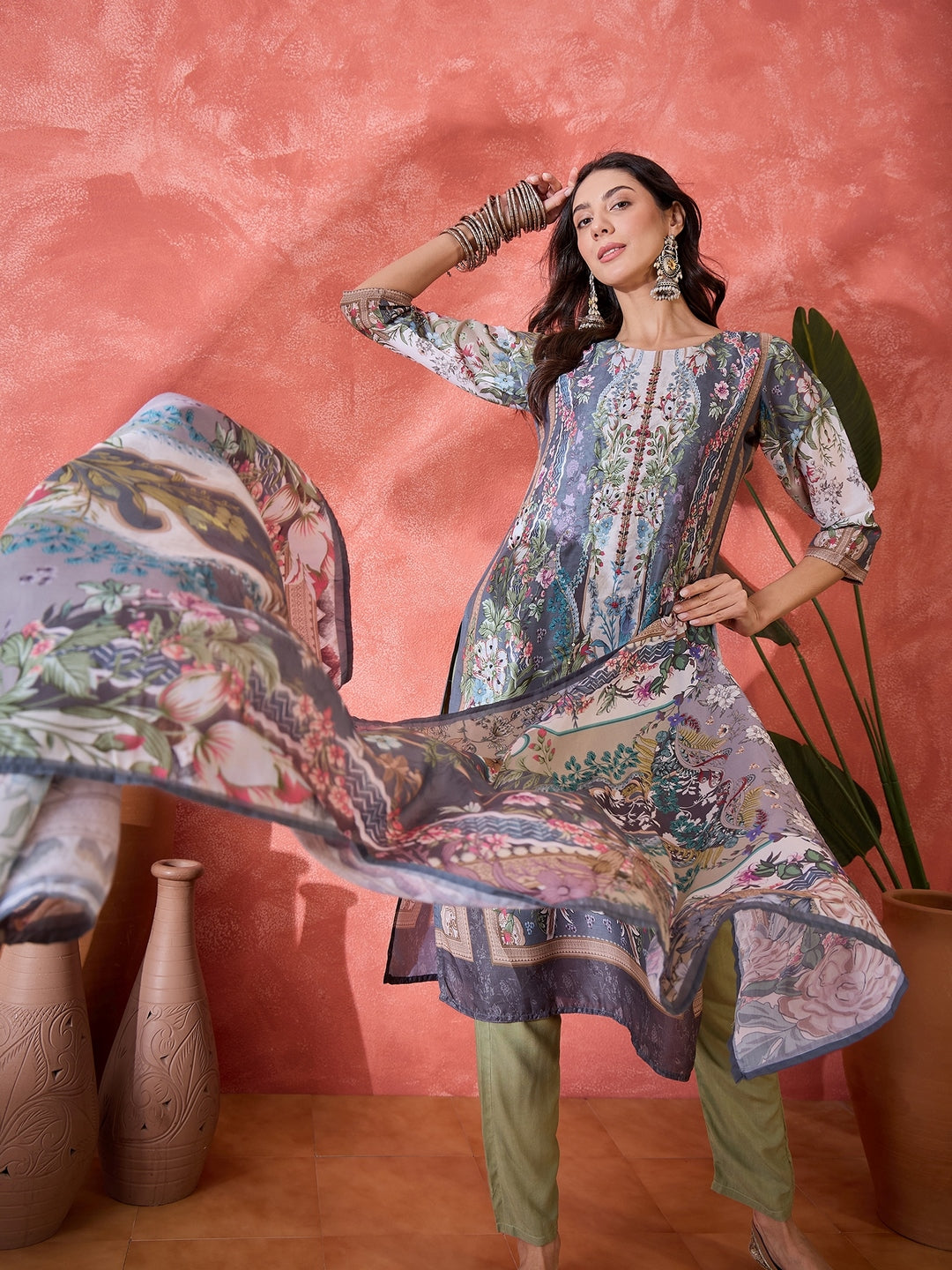 Teal Mirror Work Muslin Straight Pakistani Kurta Pant Dupatta Set