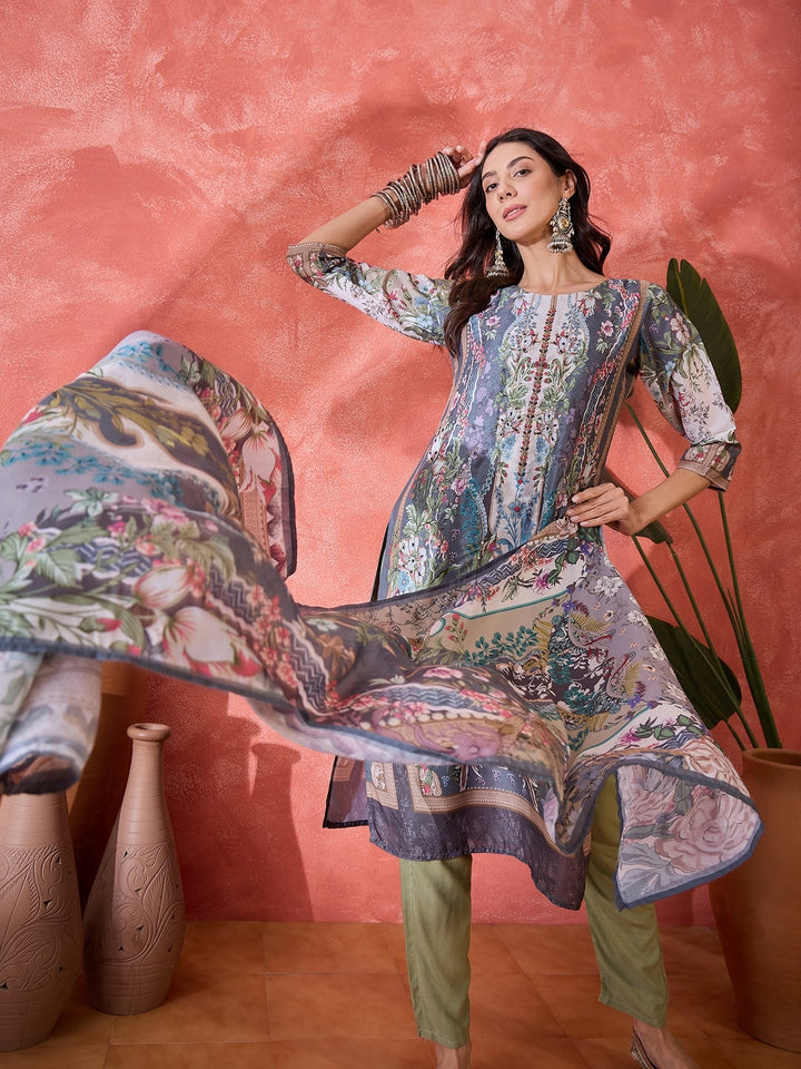 Teal Mirror Work Muslin Straight Pakistani Kurta Pant Dupatta Set