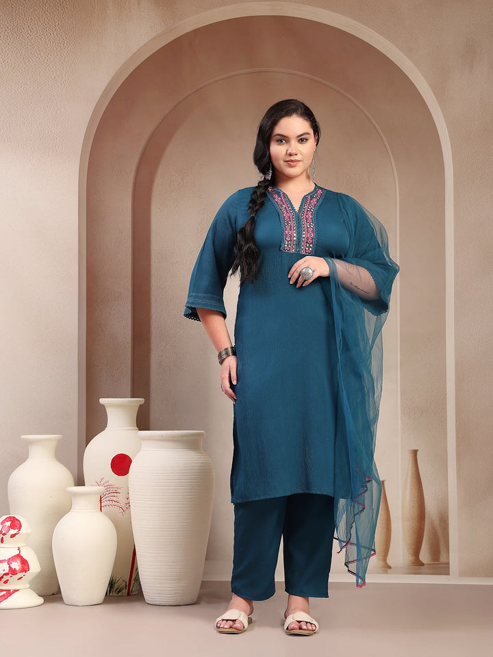 Plus Size Teal Solid &amp; Embroidered Italian Crush Straight Kurta Pant Dupatta Set