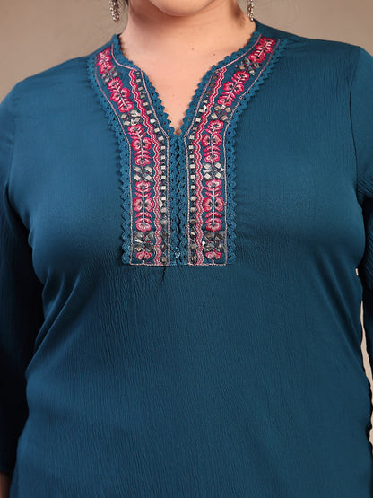Plus Size Teal Solid & Embroidered Italian Crush Straight Kurta Pant Dupatta Set (Pre-Order)