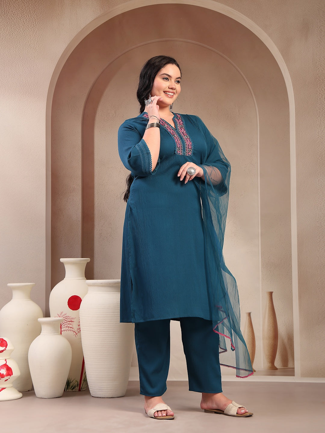 Plus Size Teal Solid & Embroidered Italian Crush Straight Kurta Pant Dupatta Set (Pre-Order)