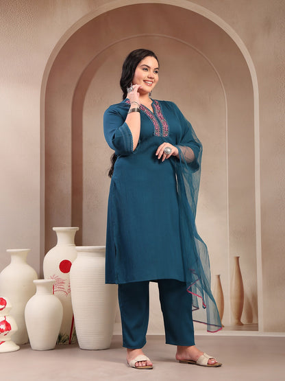 Plus Size Teal Solid & Embroidered Italian Crush Straight Kurta Pant Dupatta Set