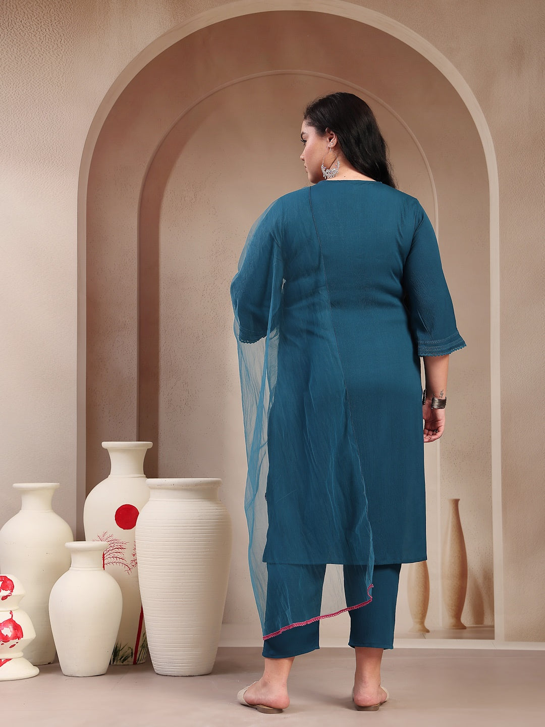Plus Size Teal Solid &amp; Embroidered Italian Crush Straight Kurta Pant Dupatta Set