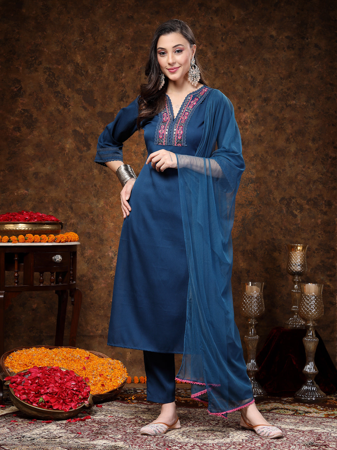 Teal Solid &amp; Embroidered Italian Crush Straight Kurta Pant Dupatta Set