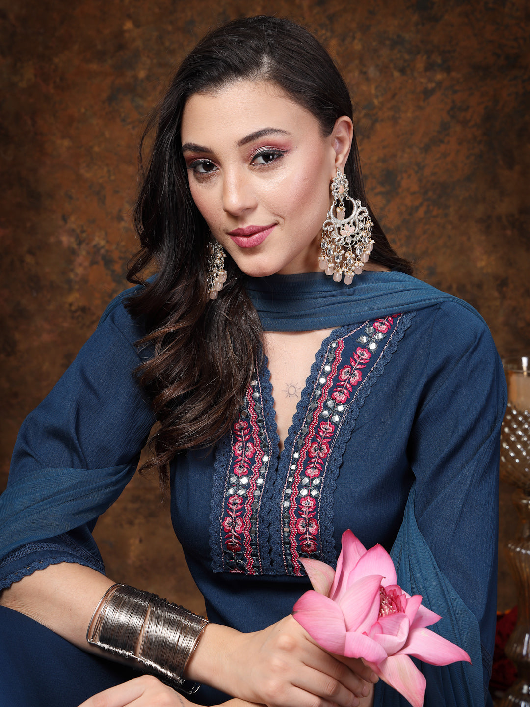 Teal Solid &amp; Embroidered Italian Crush Straight Kurta Pant Dupatta Set