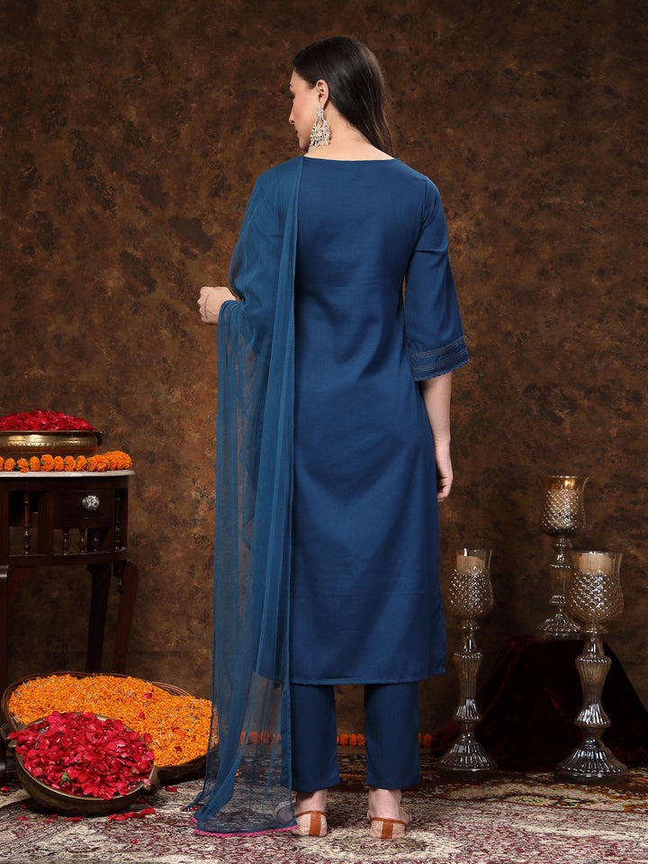 Teal Solid &amp; Embroidered Italian Crush Straight Kurta Pant Dupatta Set