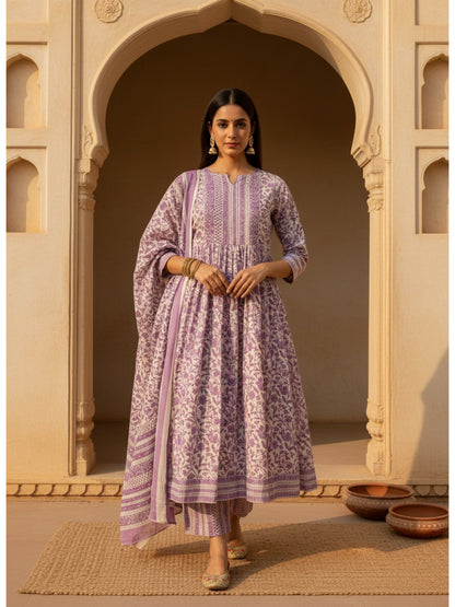 Floral Printed Cotton Anarkali Kurta Pant Dupatta Set