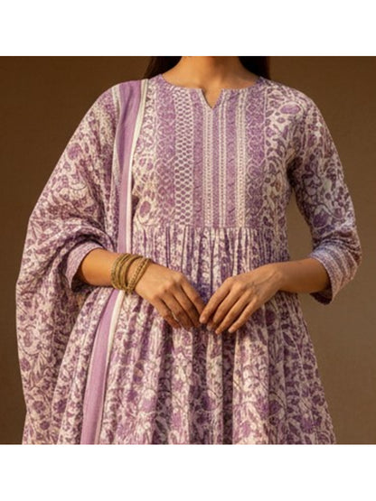 Floral Printed Cotton Anarkali Kurta Pant Dupatta Set