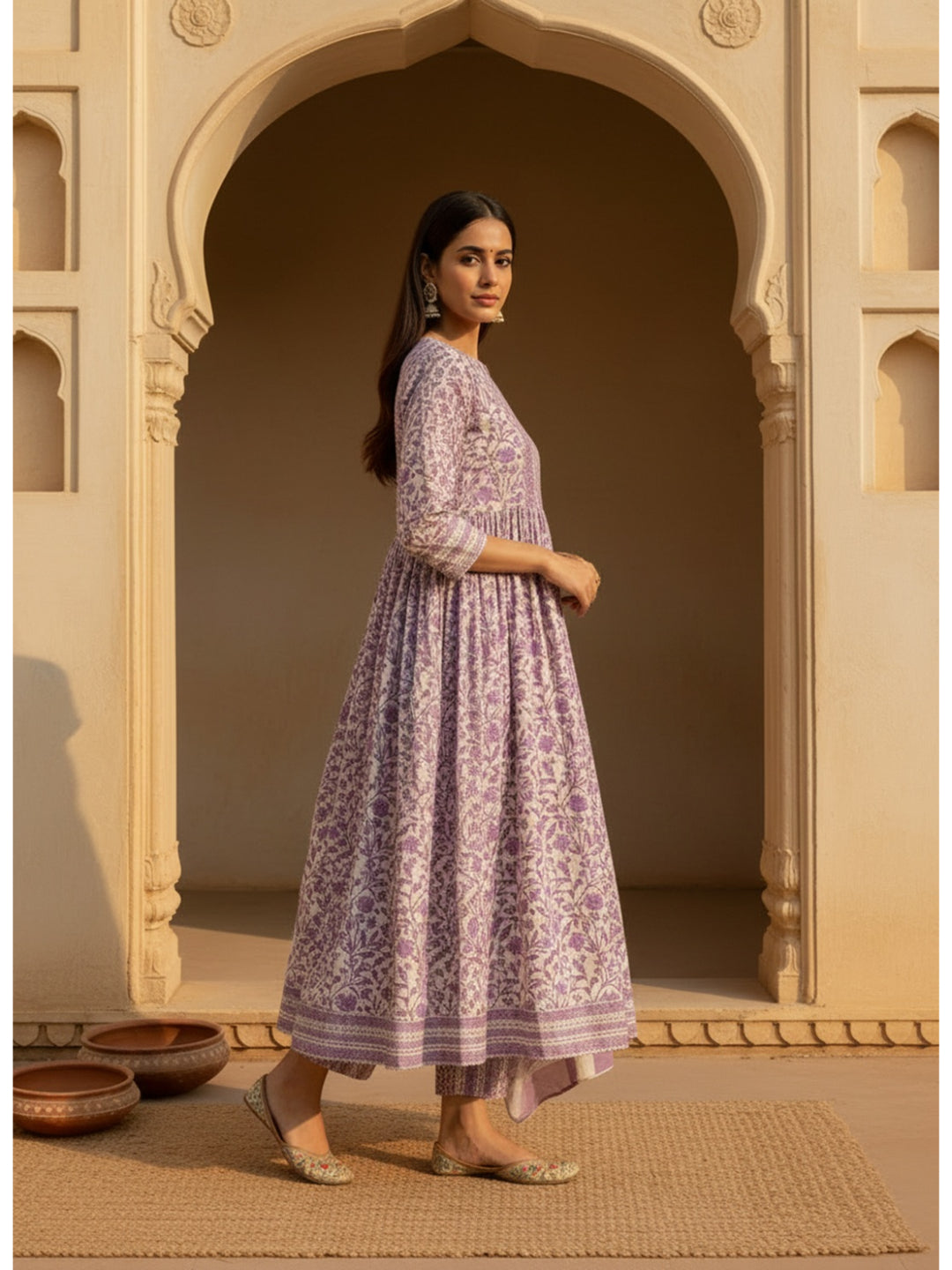 Floral Printed Cotton Anarkali Kurta Pant Dupatta Set