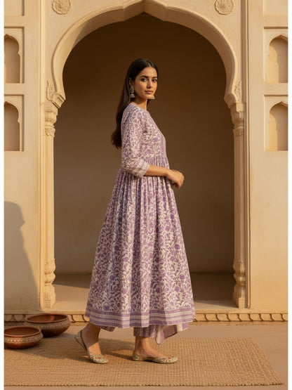 Floral Printed Cotton Anarkali Kurta Pant Dupatta Set