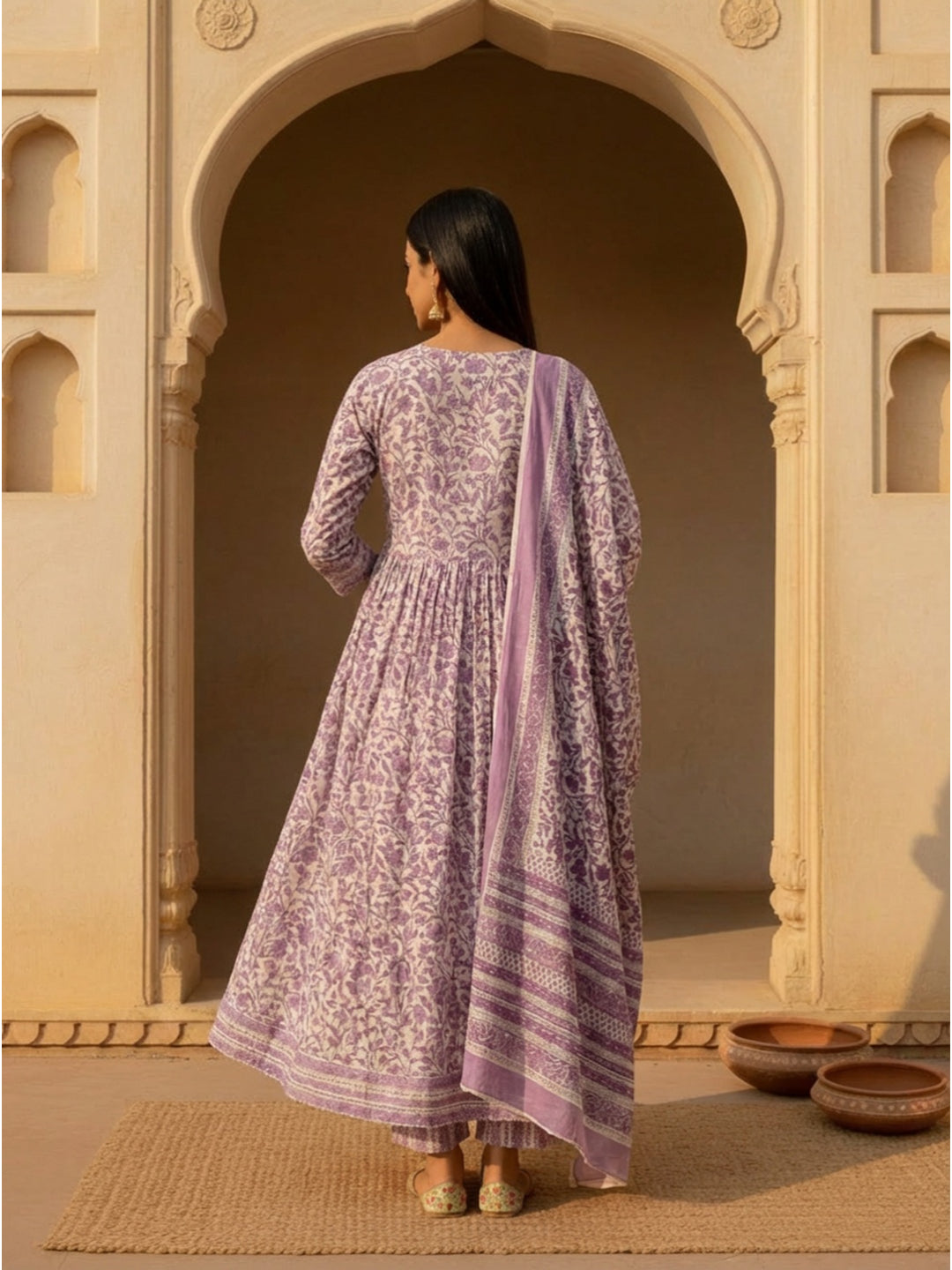 Floral Printed Cotton Anarkali Kurta Pant Dupatta Set