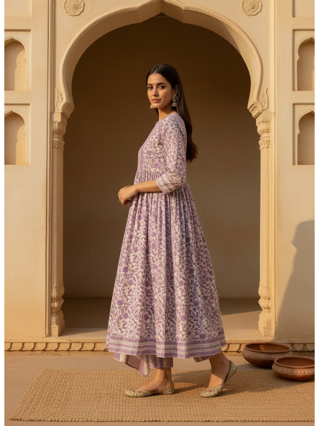 Floral Printed Cotton Anarkali Kurta Pant Dupatta Set