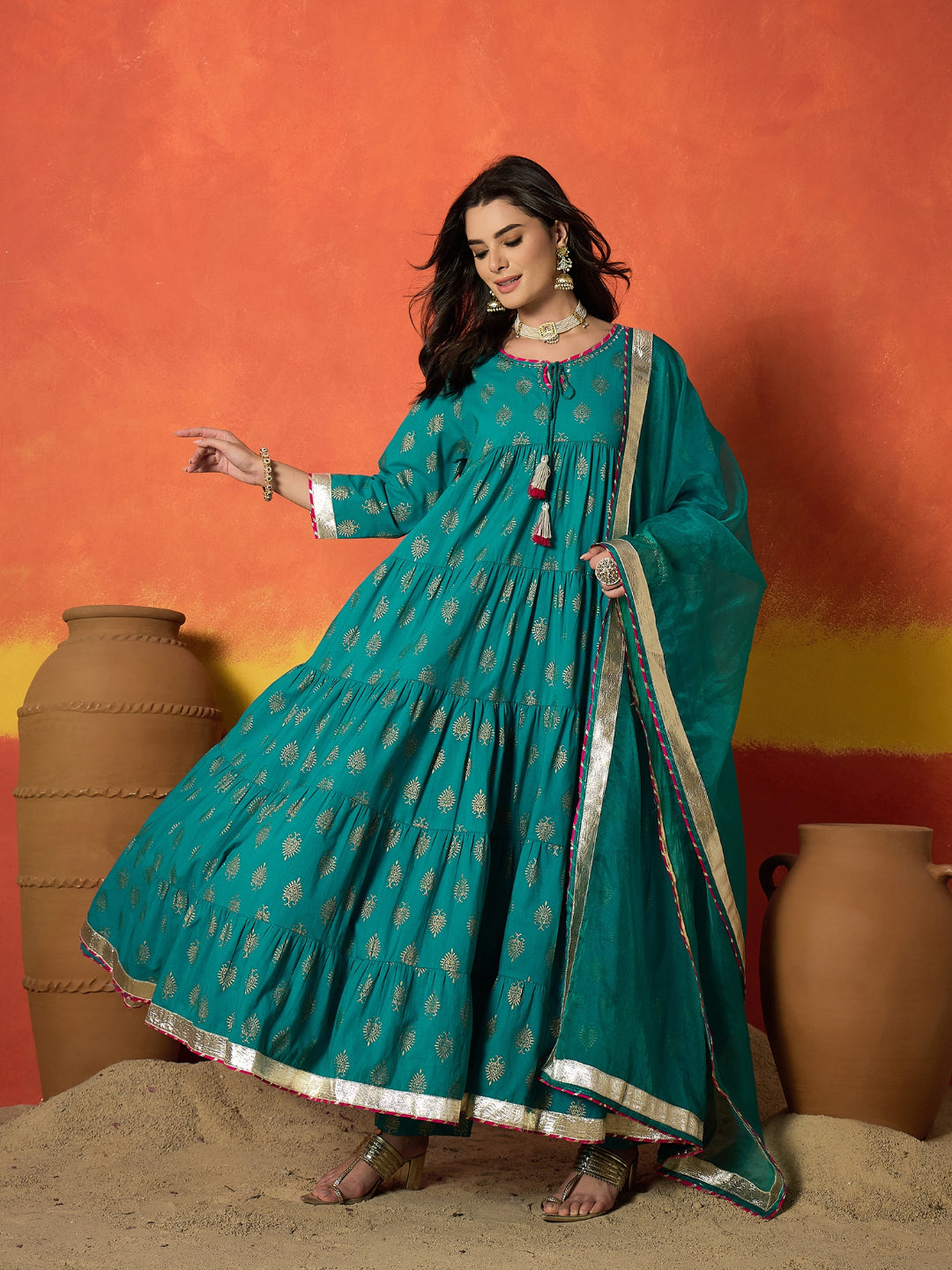 Block Gold Printed Pure Cotton Anarkali Kurta Pant Dupatta Set