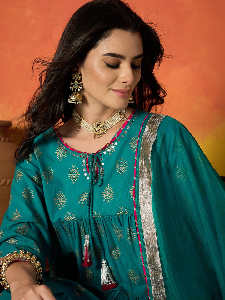 Block Gold Printed Pure Cotton Anarkali Kurta Pant Dupatta Set